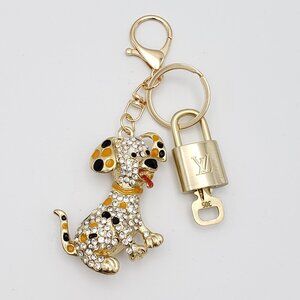 Authentic Louis Vuitton Gold Padlock & Key w/Unbranded Rhinestone Dog Keychain